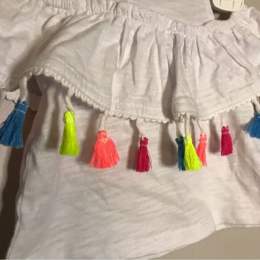 NEW Mudpie “encanto” Pinafore white multicolor Tassel cold shoulder top 6-9 mths